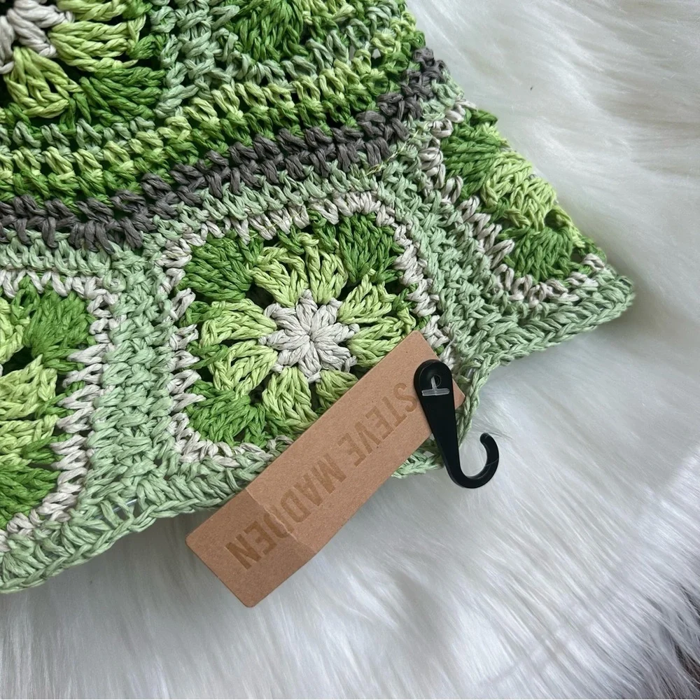 Steve Madden Crochet‎ Floral Paper Straw Granny Square Bucket Hat Lime Green